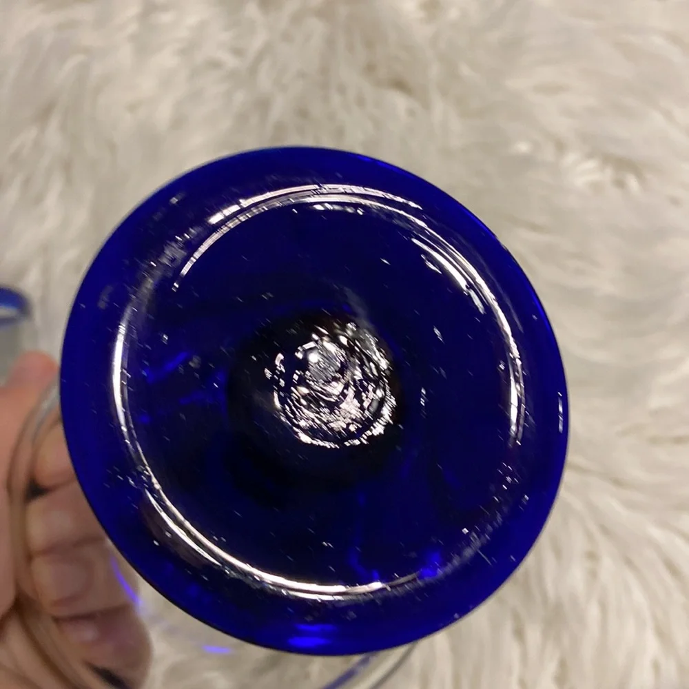 Set Of Two Margarita Glasses Hand Blown Mexican Glass Barware Blue Rim And Base